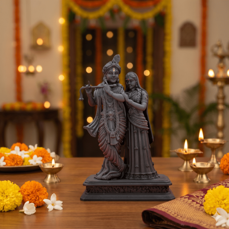Radha Krishna Idol Black Edition 4 Inch – 3D Printed Premium Charcoal Black Matte Murti for Home Temple and Gifting | OmRoots