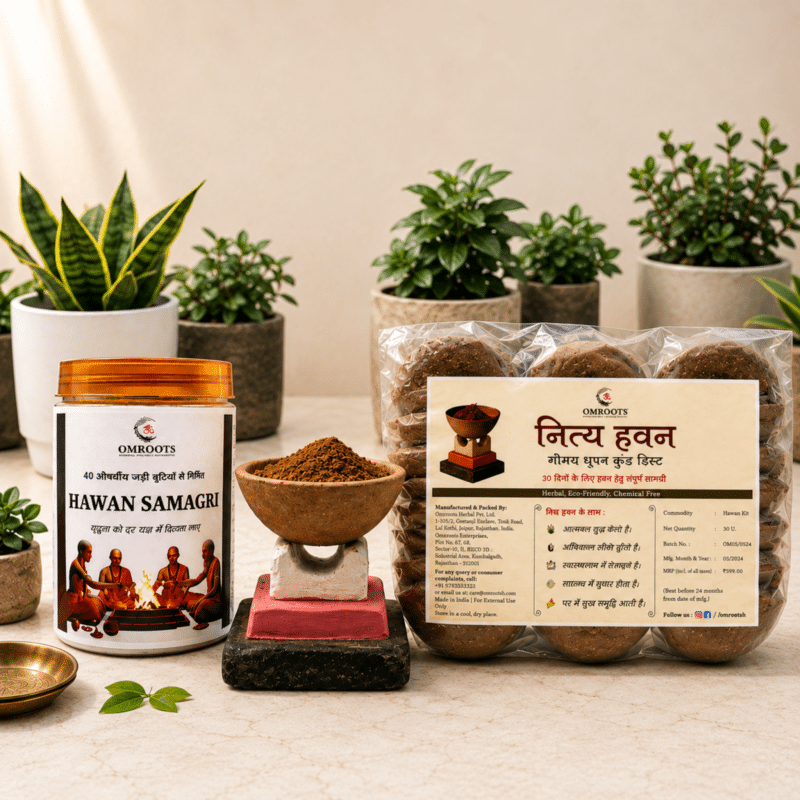 OmRoots Mini Havan Kit 30 Days Complete Set – Havan Samagri, Gomay Havan Katori and Mini Havan Kund | Herbal Chemical Free | OmRoots