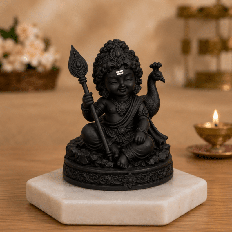 Divine Bala Murugan Black Idol with Vel & Peacock for Home Pooja & Car Decor (3.5 Inch)