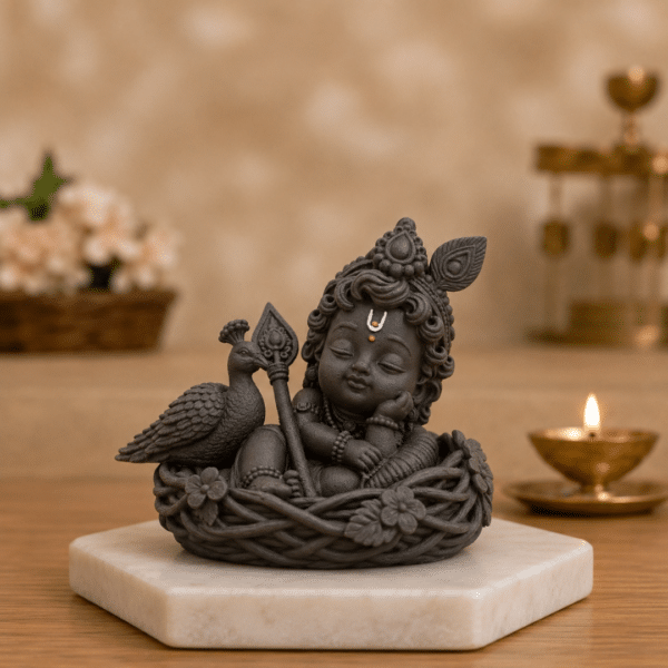 Divine Sleeping Bala Murugan Black Idol with Peacock & Vel for Home Pooja & Car Decor (3.5 Inch)