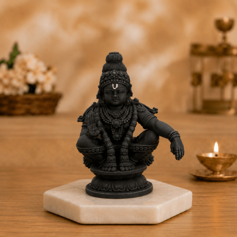 Ayyappan Swami 3.5-inch idol for home pooja, car dashboard decor, and office desk with detailed craftsmanship.